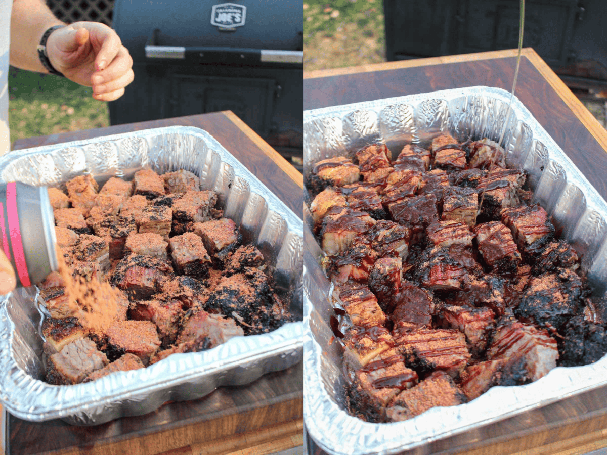 The cubes are seasoned and drizzled in BBQ sauce.
