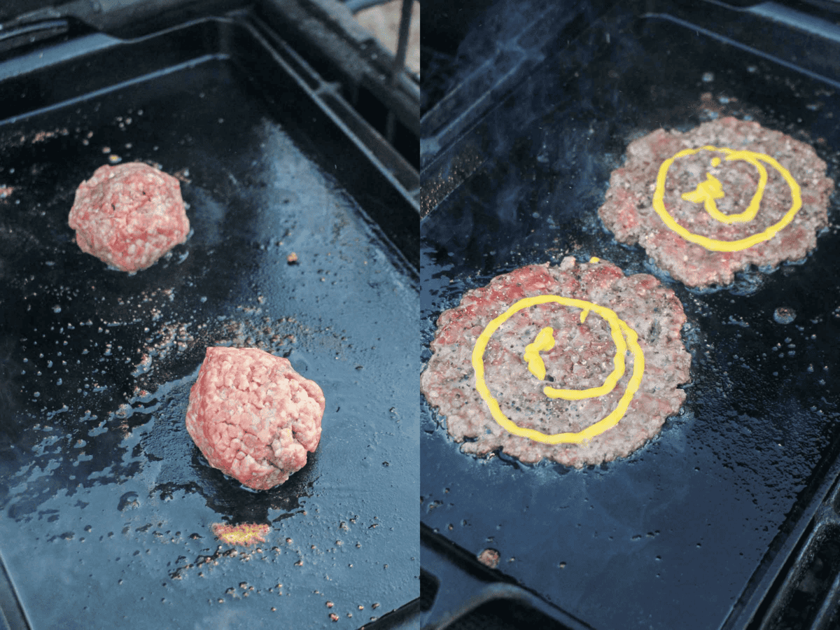 The Smashburger Recipe starts with beef balls smashed down to thin patties.