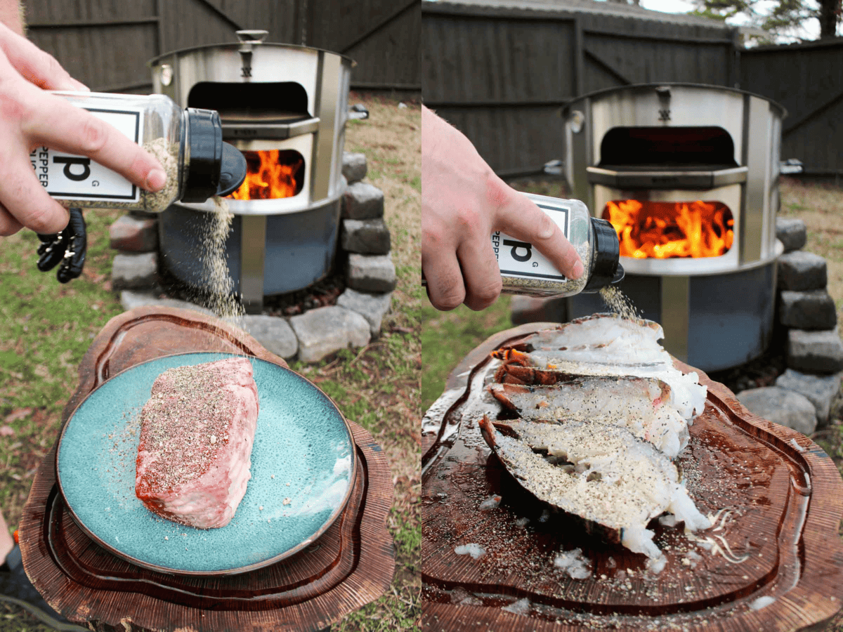 The ribeye steak is prepped with seasonings. 