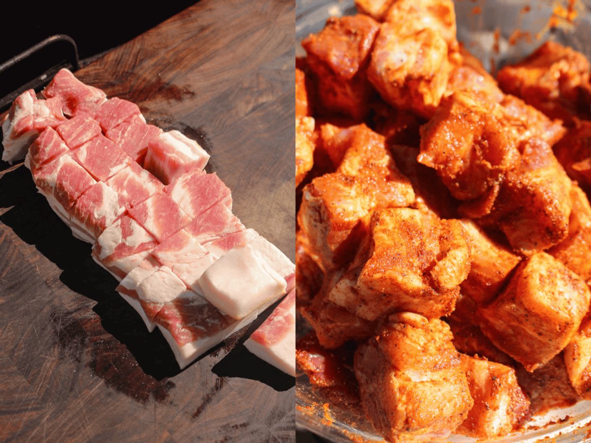 The pork is cubed and seasoned. 