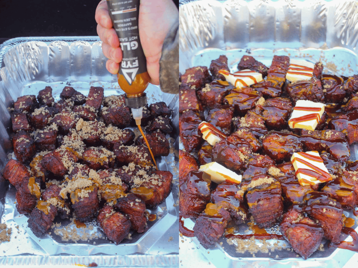 Smoked Pork Burnt Ends are finished off with the FYR Hot Sauce and butter. 