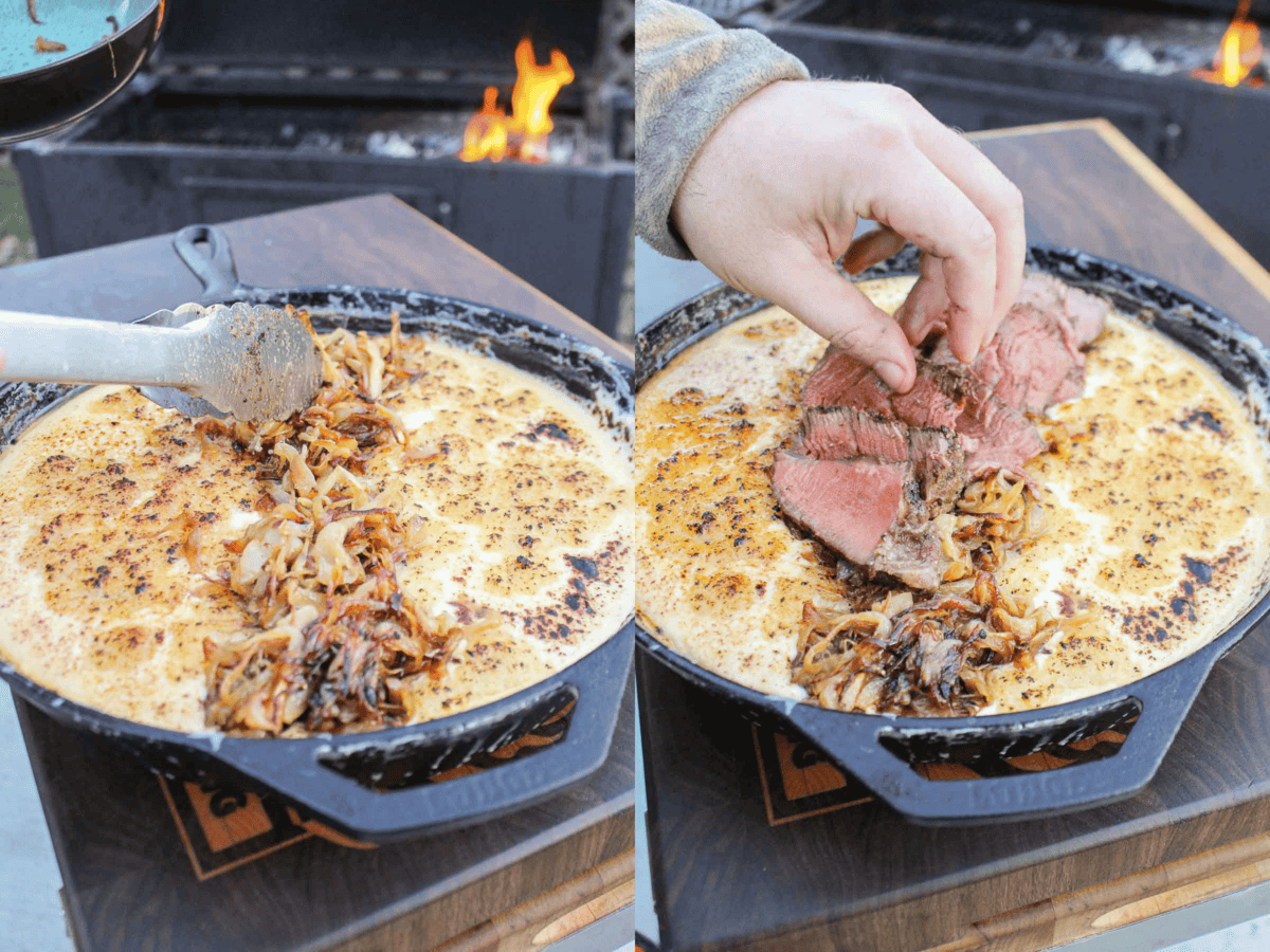 Adding the caramelized onions and steak to the queso dip.