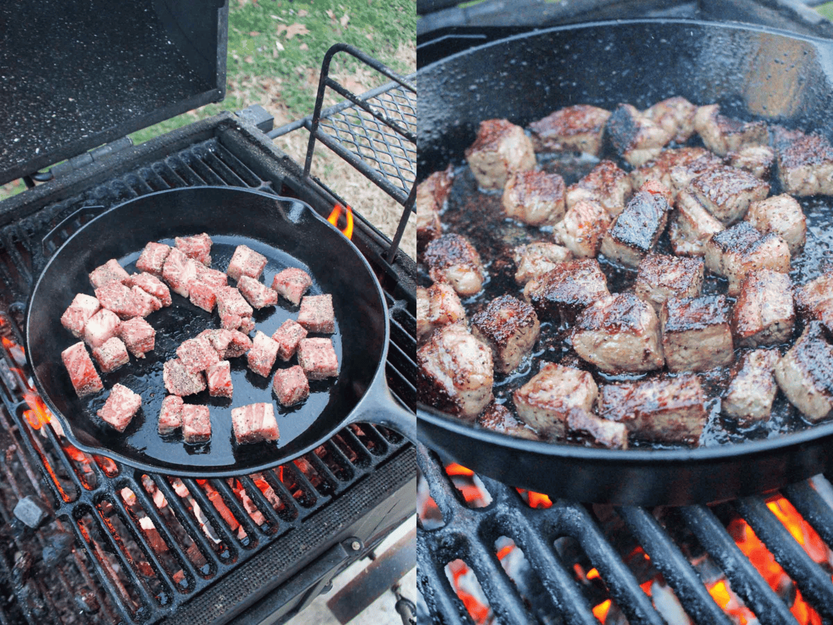 The juicy steak bites are cut from NY Strip steak and seared in a cast-iron pan over the flame. 