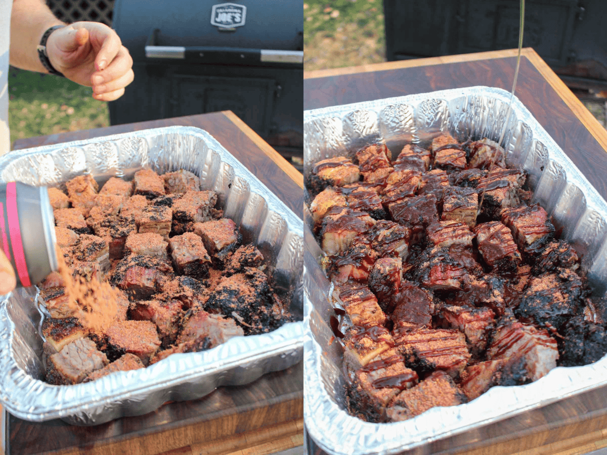 The cubes are seasoned and drizzled in BBQ sauce. 