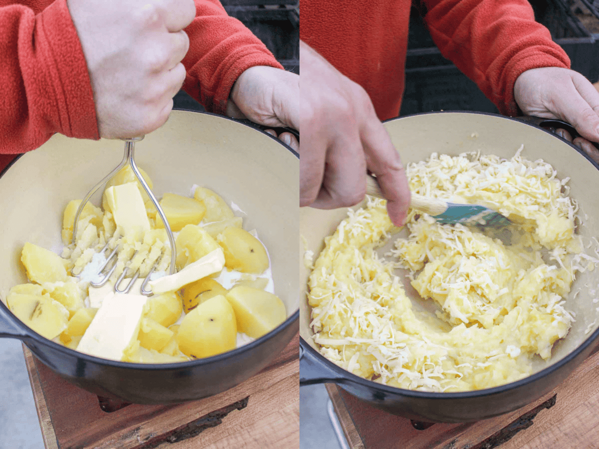 The mashed potatoes are mixed with shredded cheese, milk, and unsalted butter. 