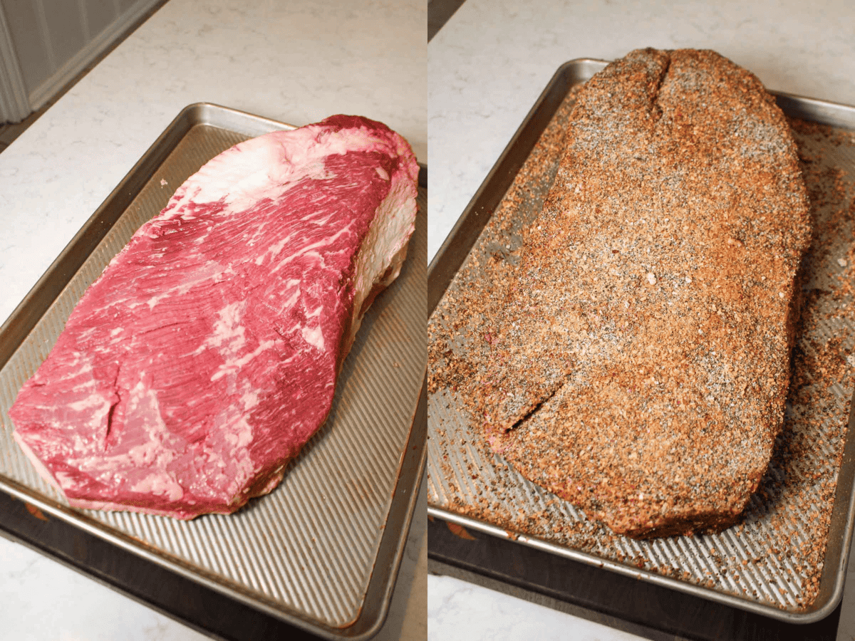 The whole packer brisket is sculpted and prepped with tallow and spicy seasonings. 