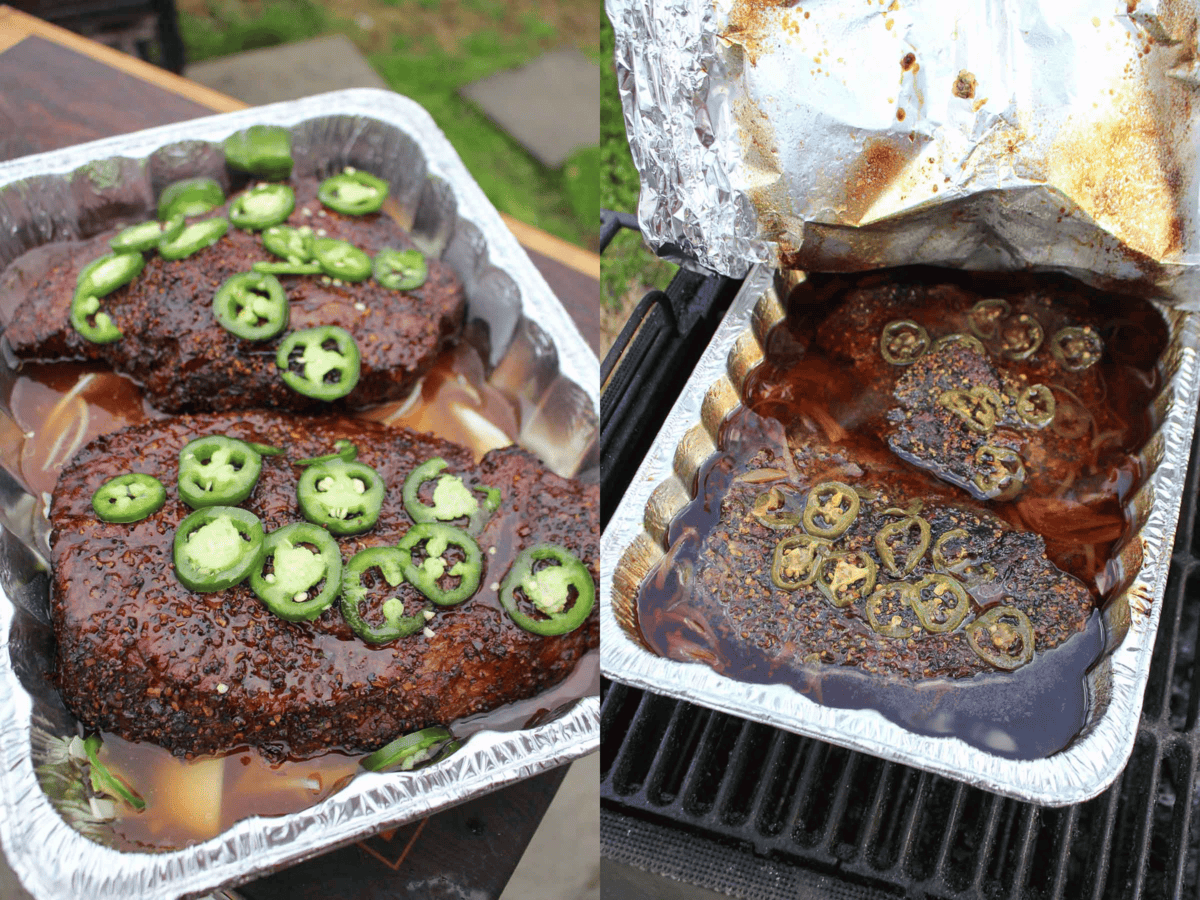 To tenderize the meat, the chuck roasts are submerged in a beef broth crutch flavored with jalapenos and onions. 