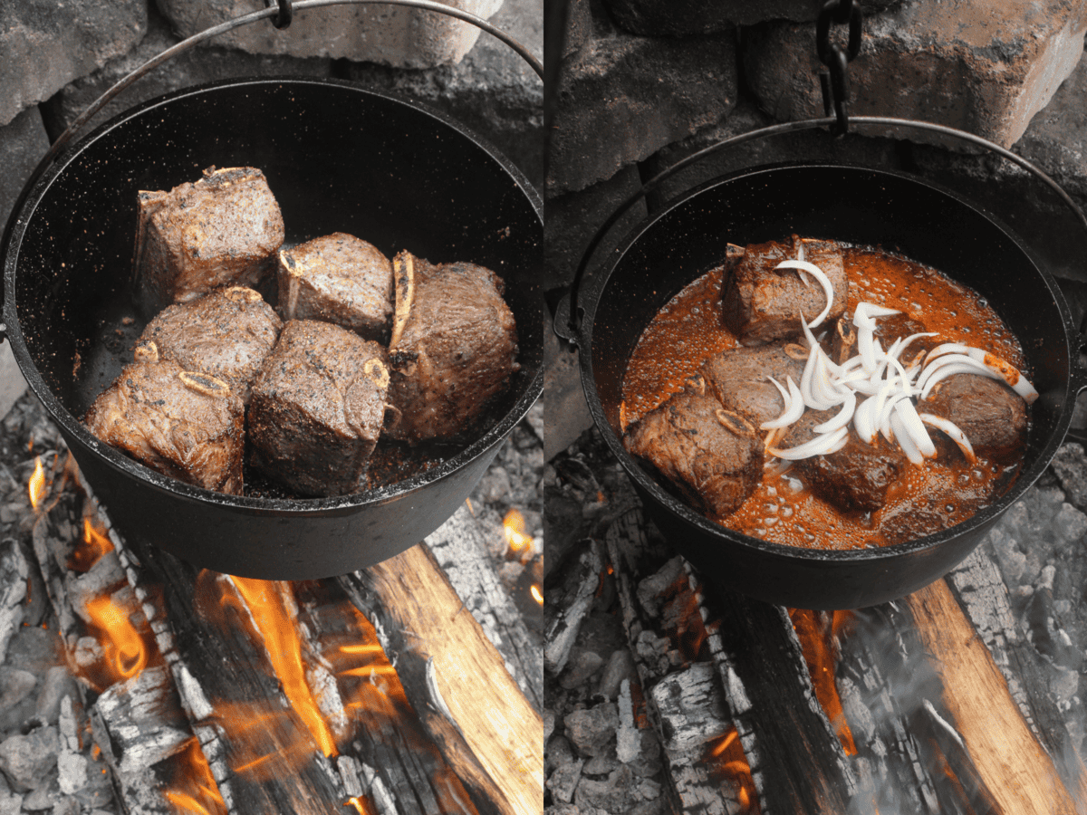 Braising the beef in the dutch oven.
