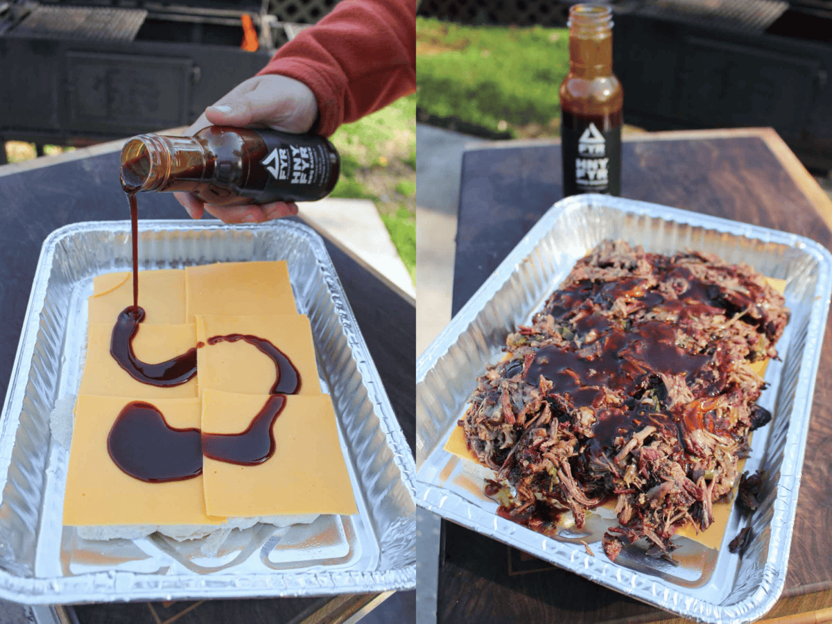 The BBQ Beef Sliders are built starting with the buns, cheese, and BBQ sauce. 
