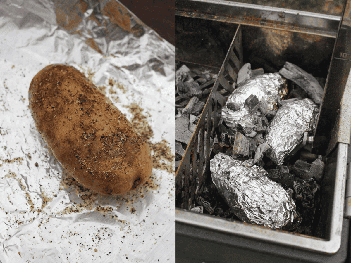 Seasoning the potatoes, wrapping them in foil and placing them in the coals. 