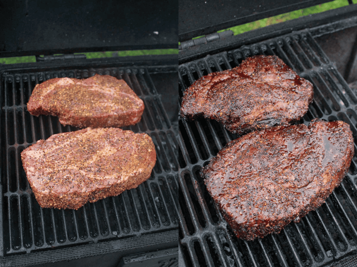 The chuck roasts are smoked for a few hours before the next step. 
