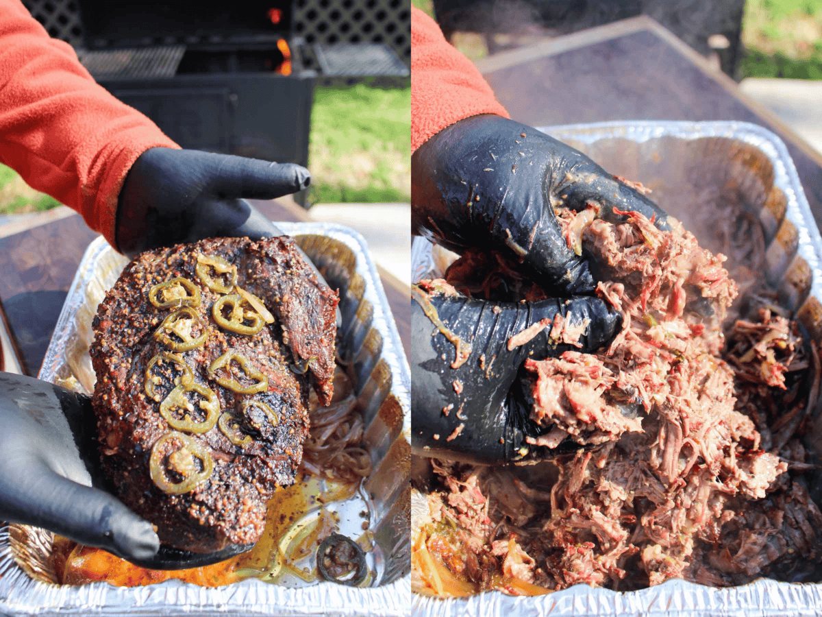 The beef for the sliders is shredded. 