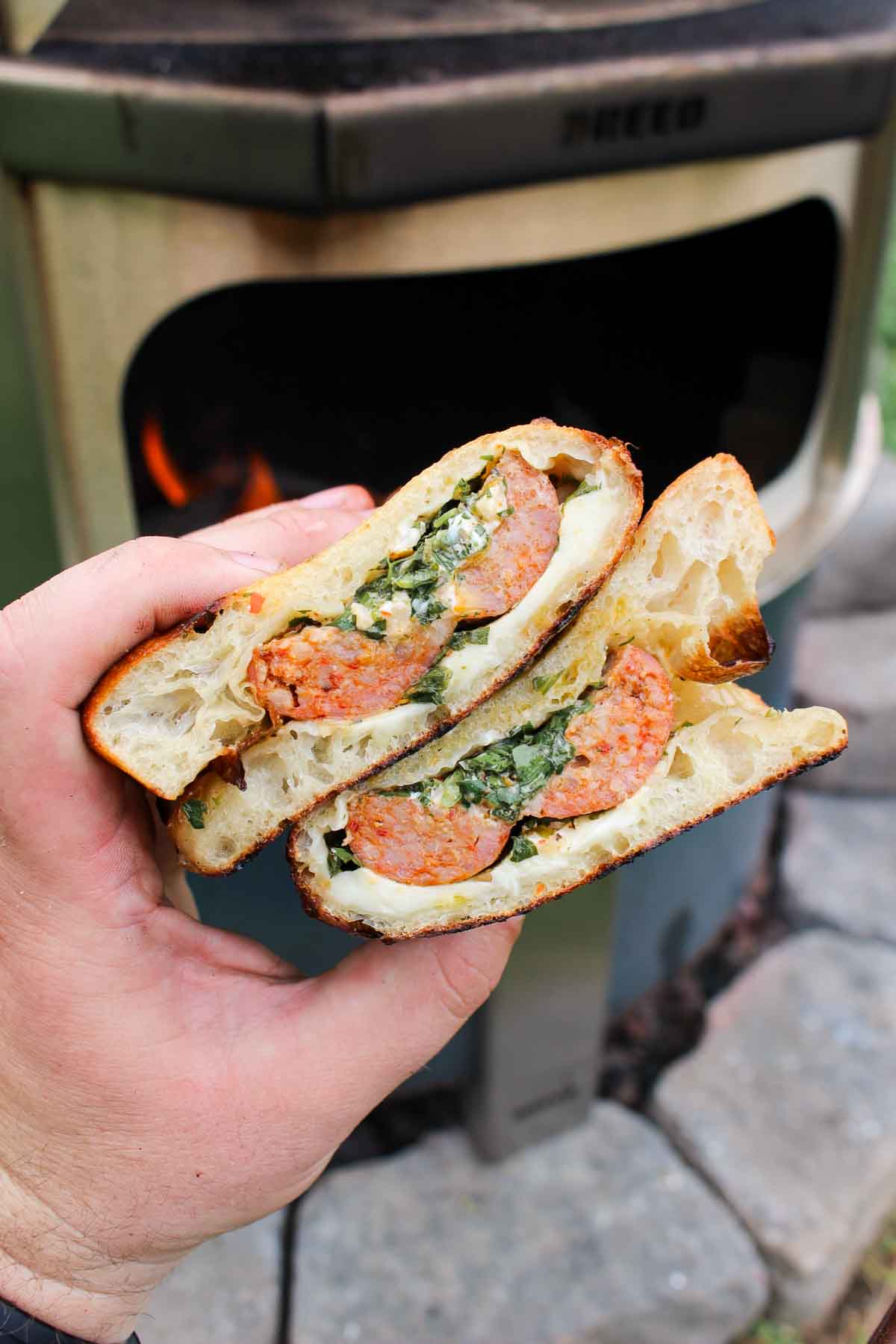 The viral pizza sandwich is ready to eat. 