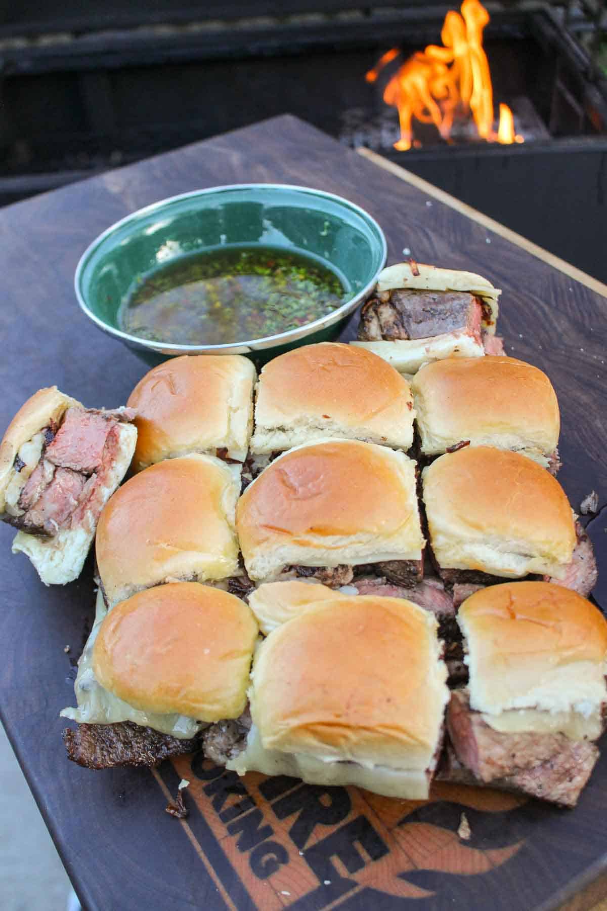 Chimichurri Steak Sliders are sliced and served up. 