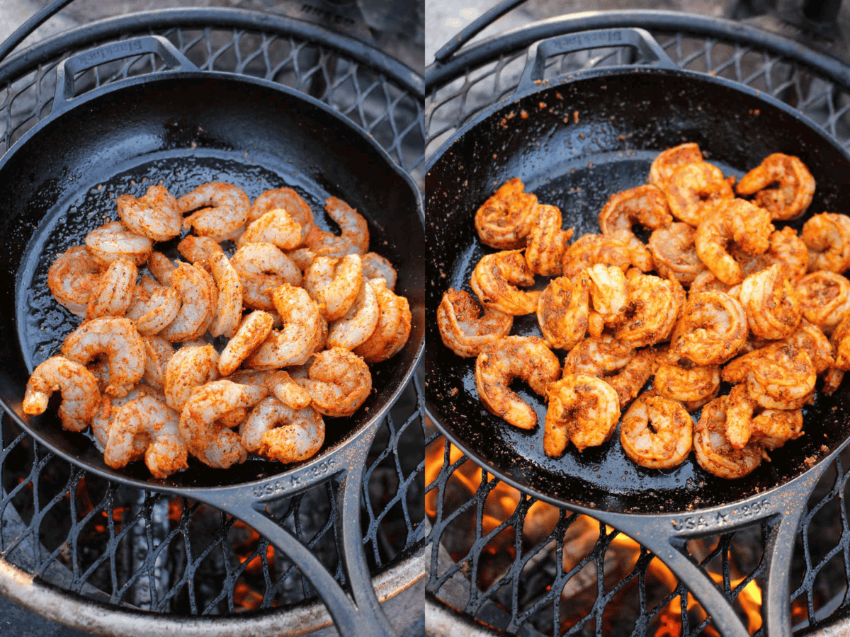 Cajun shrimp cooking in a cast iron skillet on the grill.
