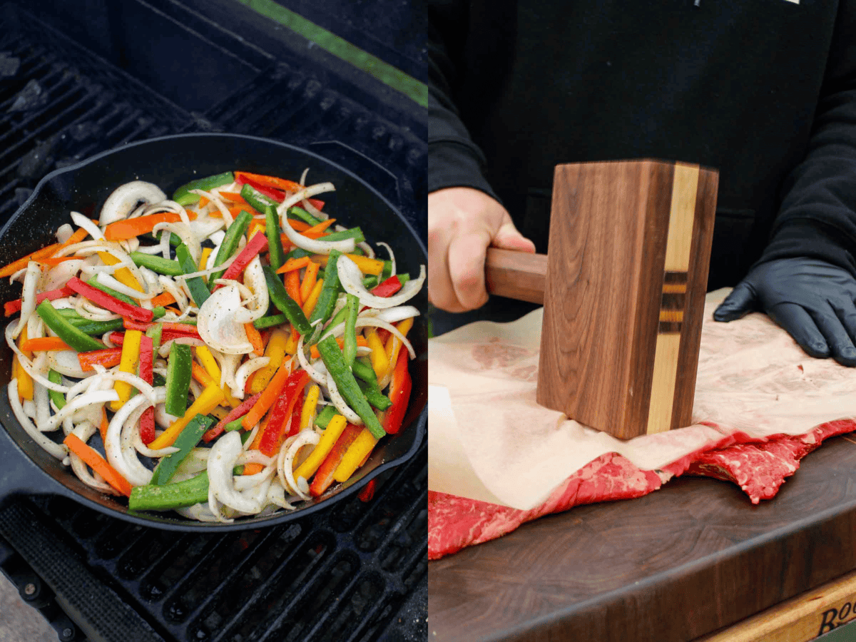 Fajita vegetables in a cast iron skillet and flattening skirt steak for pinwheels.