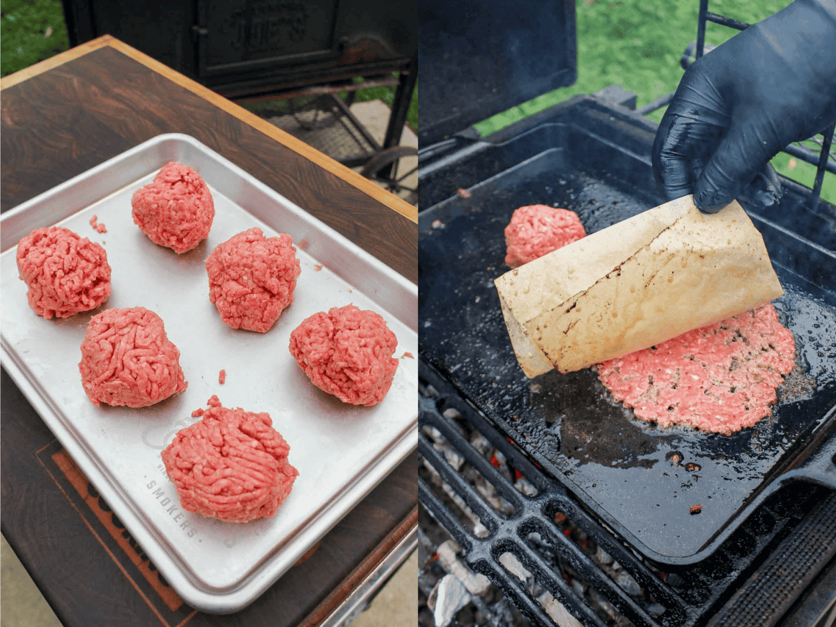The beef patties are formed into balls, then smashed. 