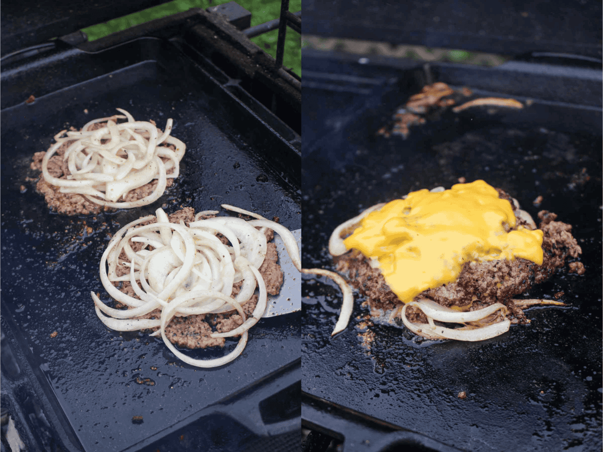 The onions go on the smashed burger before flipping. 
