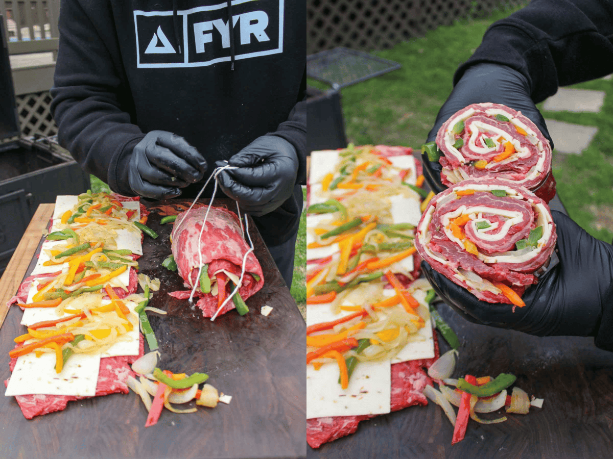 Preparing and rolling steak fajita pinwheels.