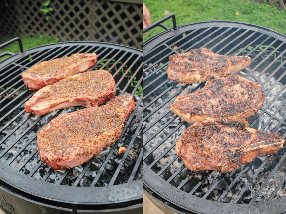 Bone-in Ribeyes when freshly added to the fire and when they are ready to come off.