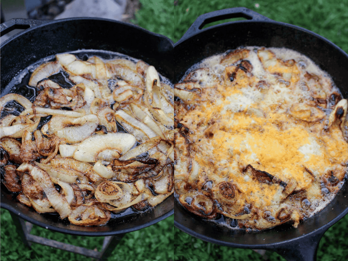 Tennessee onions, browned and topped with melted cheese.
