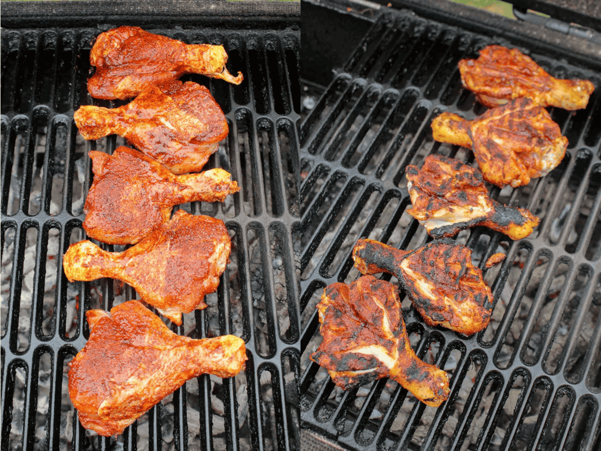 The butterflied chicken drumsticks grilling directly over the coals. 