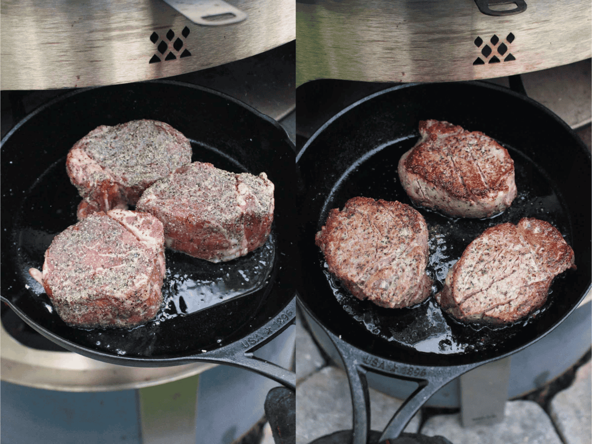 Filets seasoned, then cooked in cast iron on the grill.