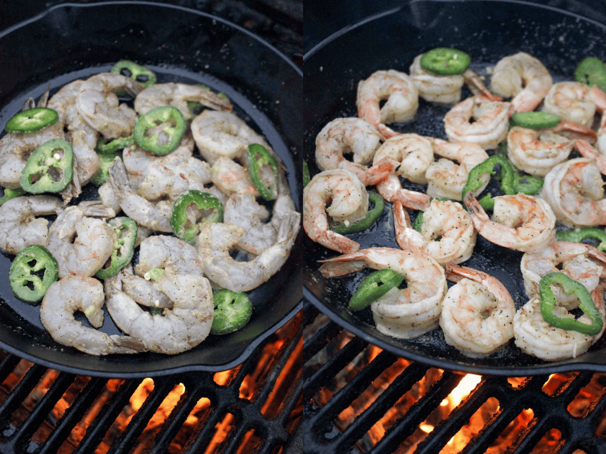 Cooking the shrimp in a skillet on the grill.
