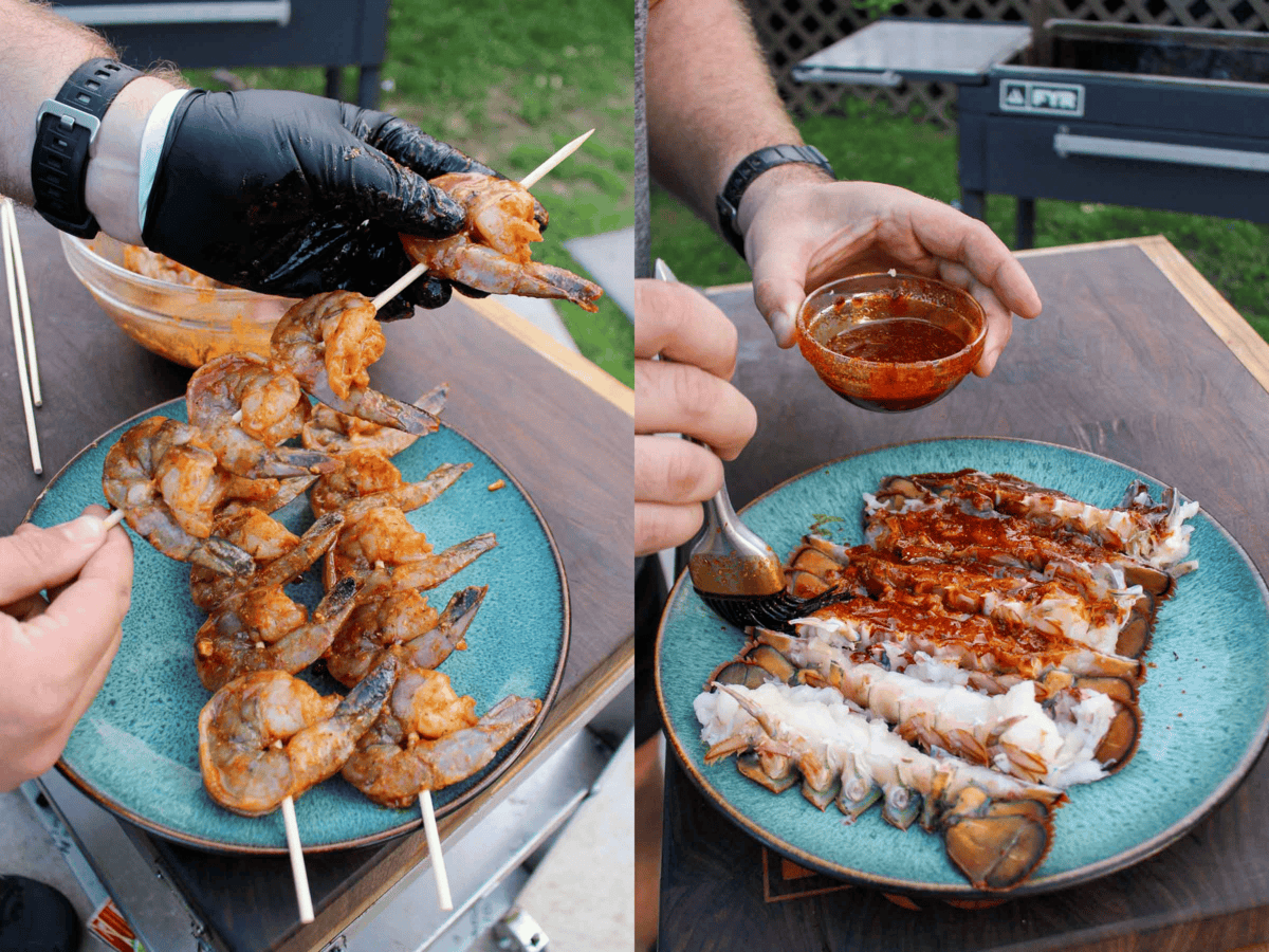 The shrimp are skewered and the lobster tails are brushed with Cajun spices and seafood spice.