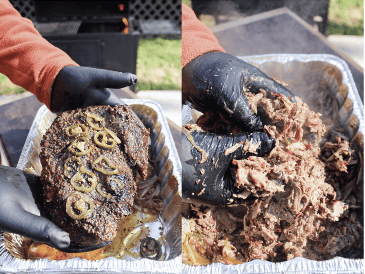 Shredding BBQ chuck roast with jalapenos for slider recipe