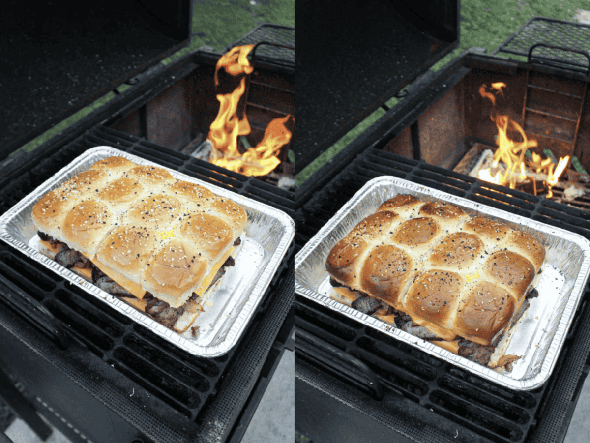 Toasting the assembled steak and cheese slider recipe.