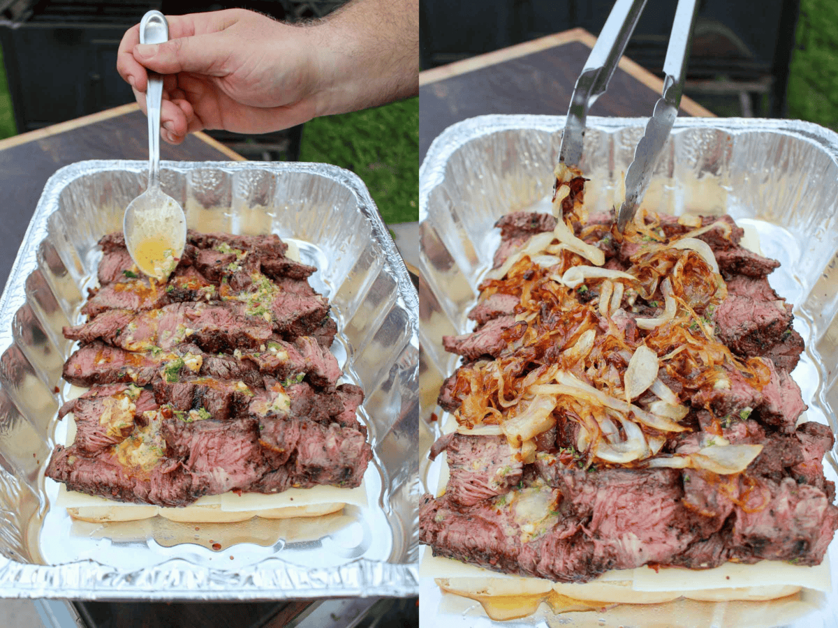The slices of steak are piled onto the bottom buns and topped with caramelized onions. 