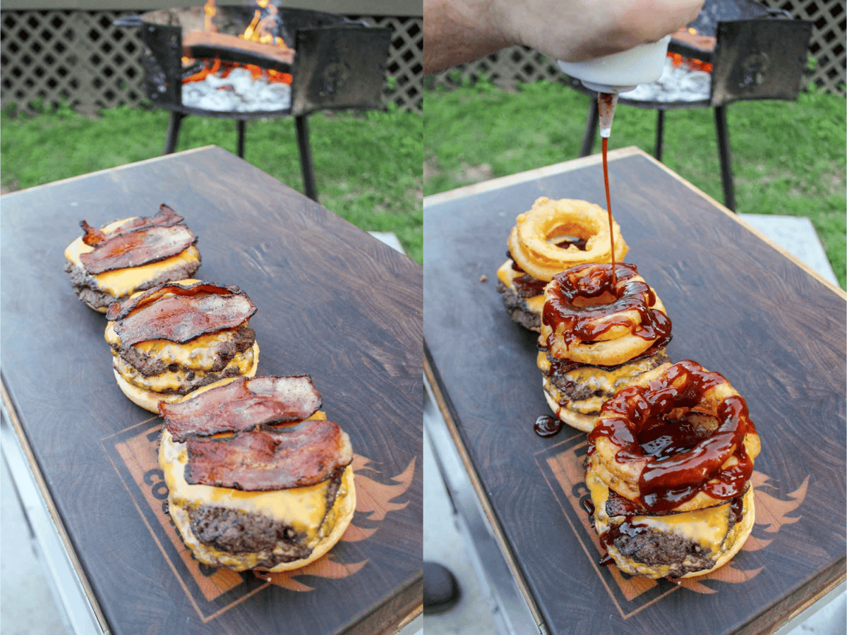 Assembling the BBQ bacon burgers.