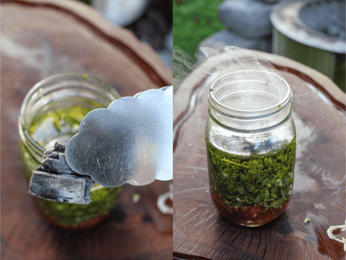 The Smoked Chimichuri sauce is prepared in the Mason jar. 