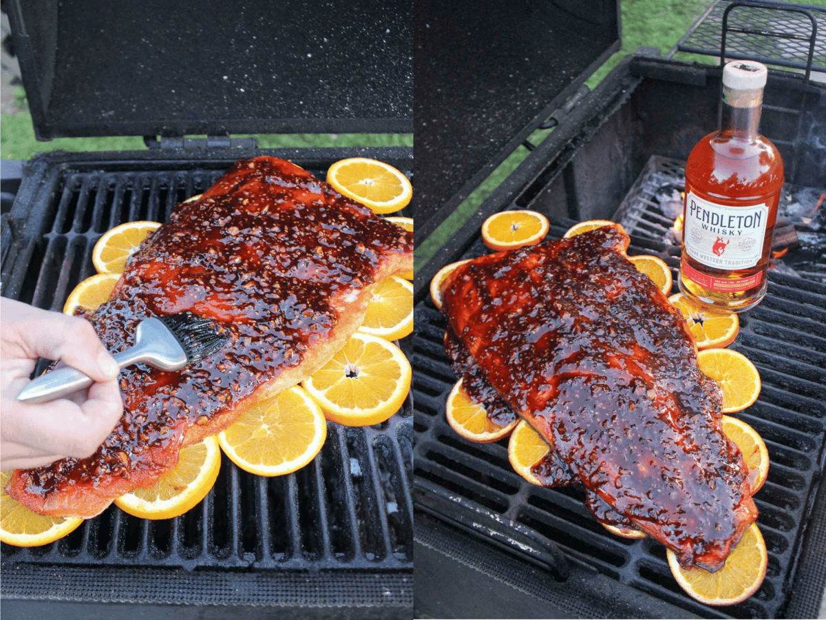 The vibrant and spicy whiskey glaze covers the salmon.