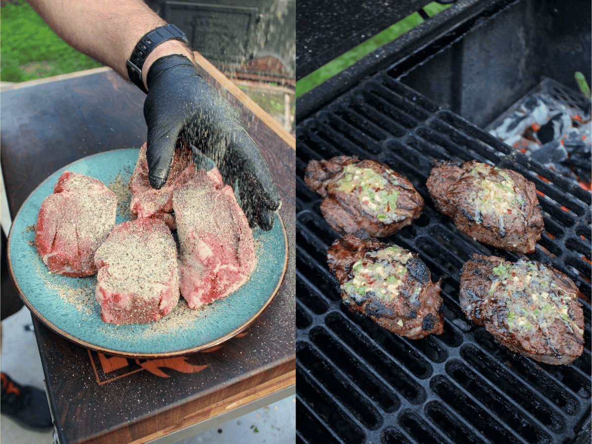 The tender filets are seasoned with garlic, salt, and pepper. 