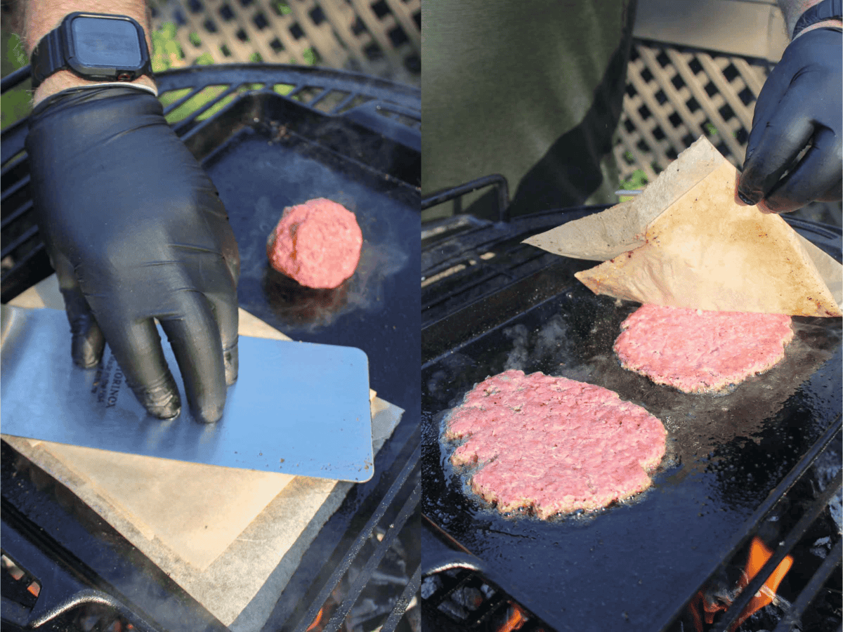Smashing ground meat to make smashburgers.