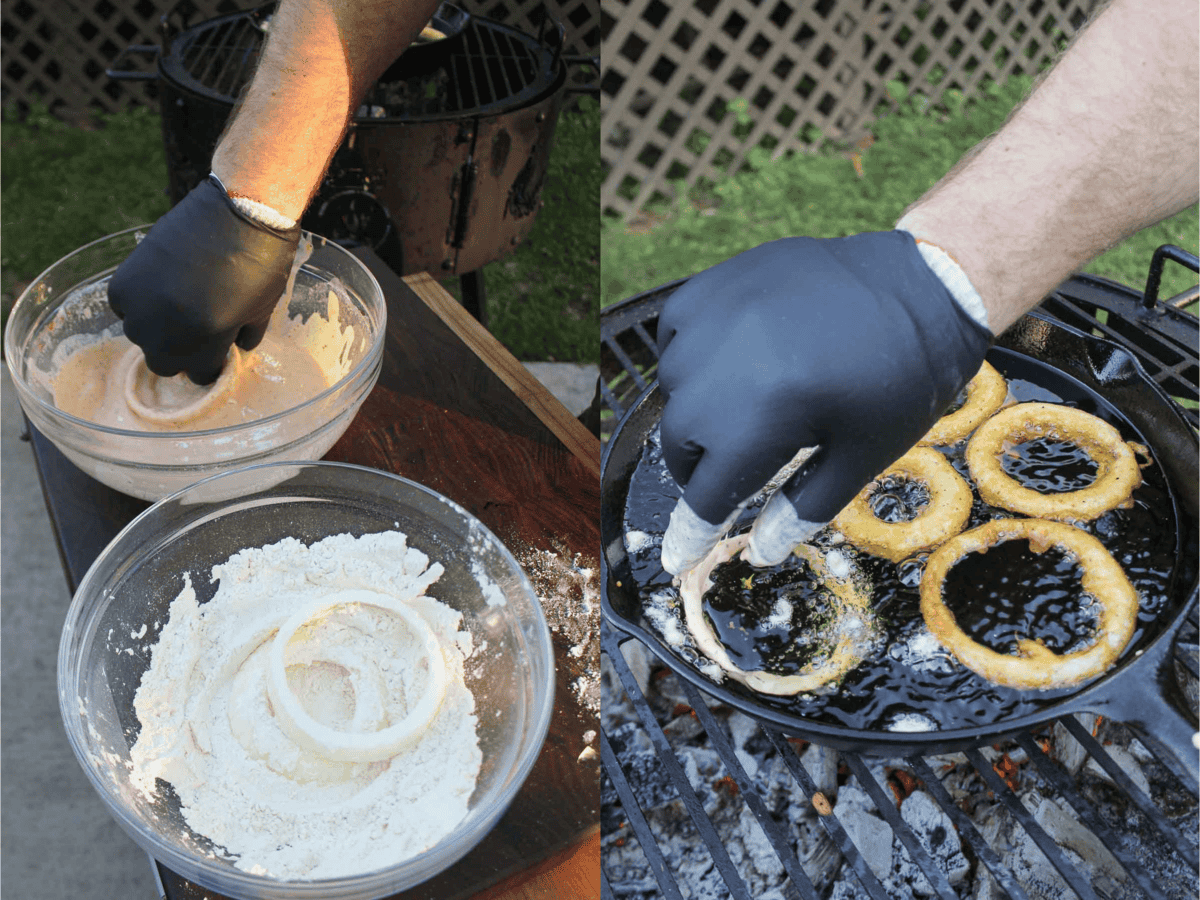 Frying beer-battered onion rings in a cast iron skillet.