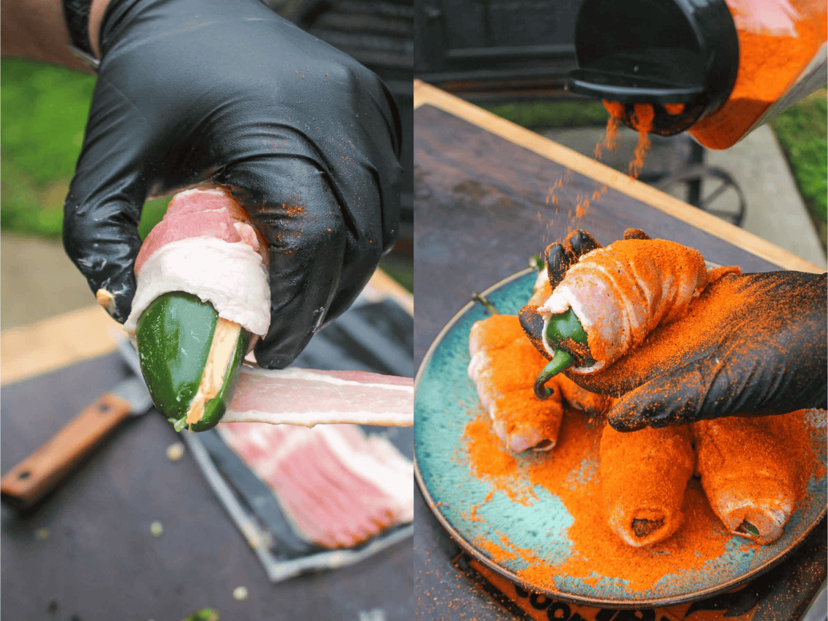 Wrapping the stuffed jalapeños in bacon and coating in BBQ seasoning.