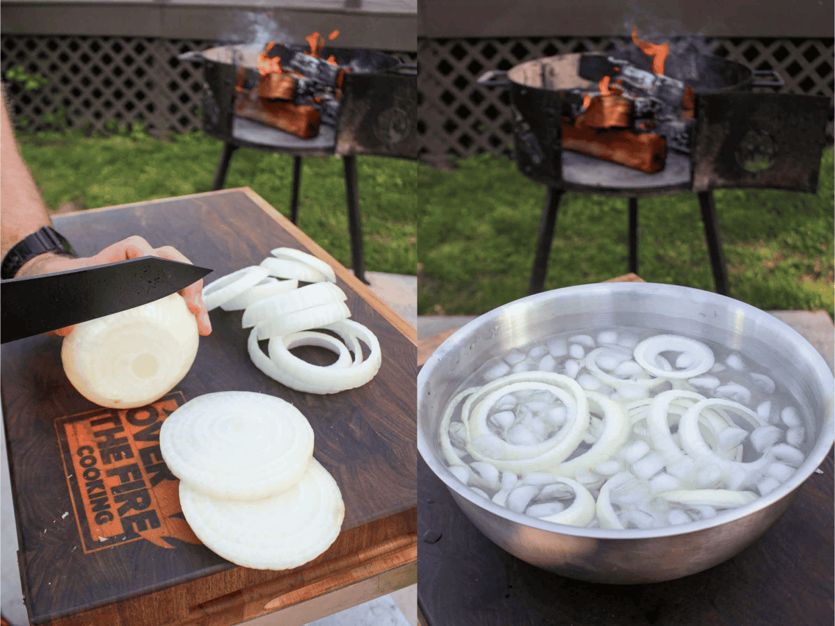Onions sliced and soaked in ice water.