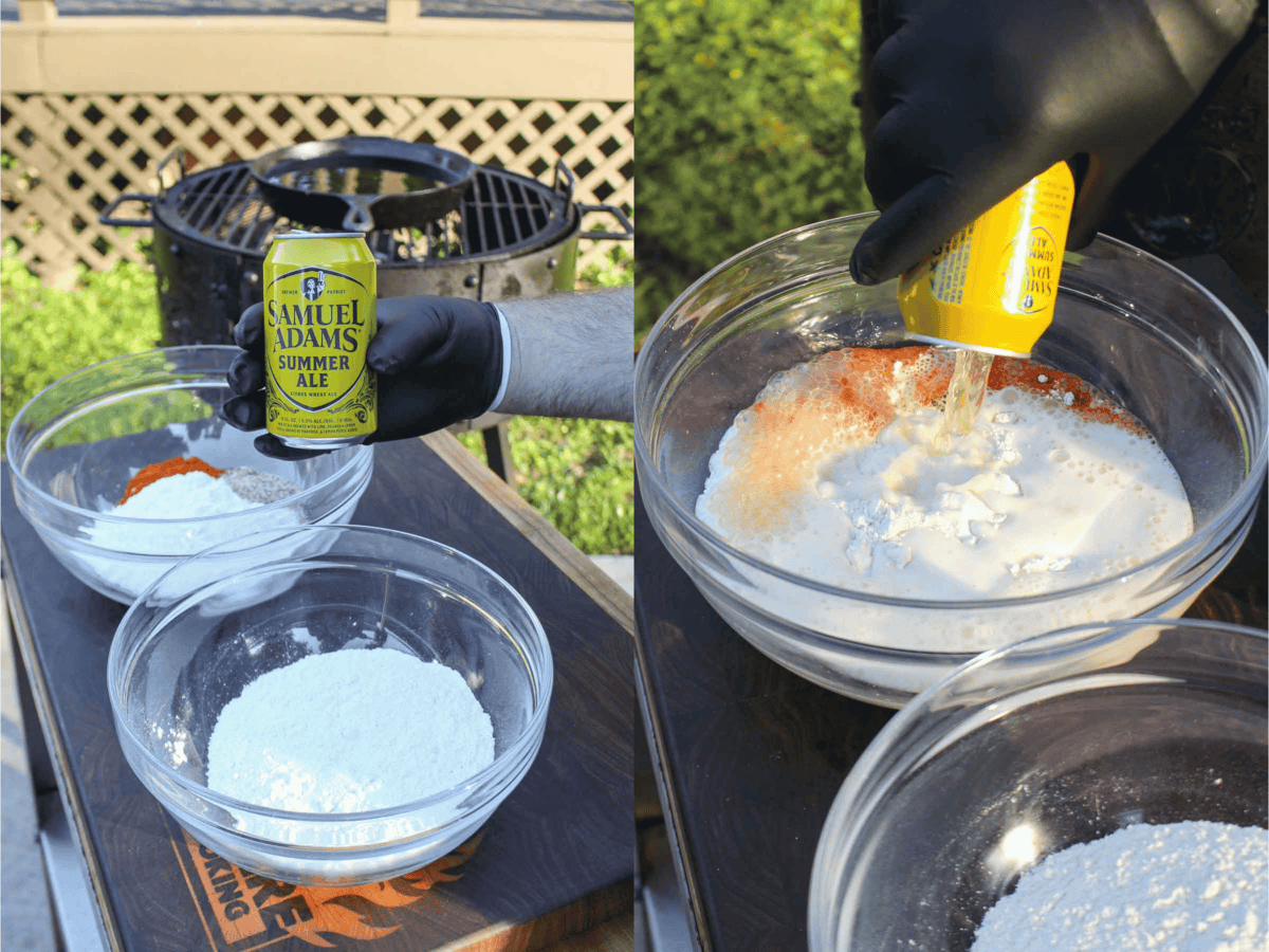 Making the beer batter for onion rings.