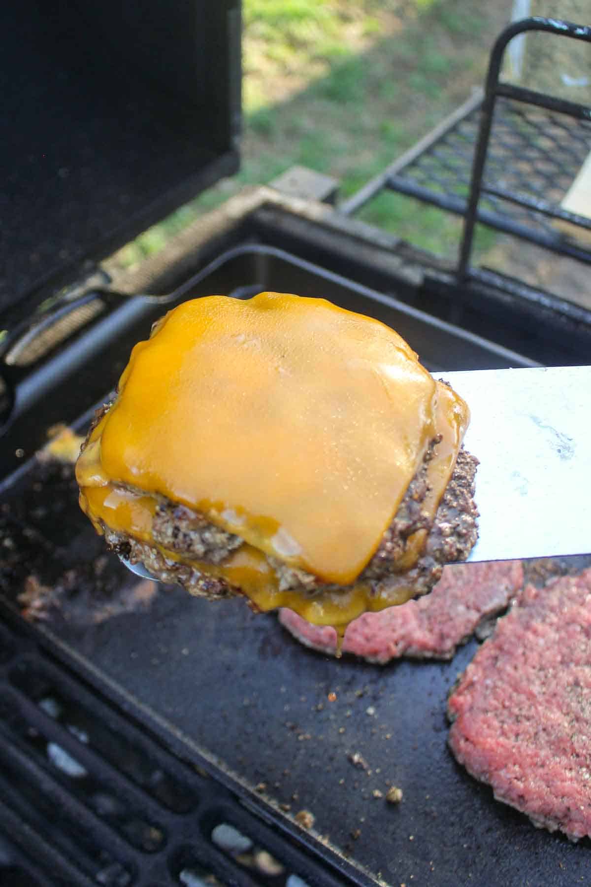 A close up shot of a double stacked patty.