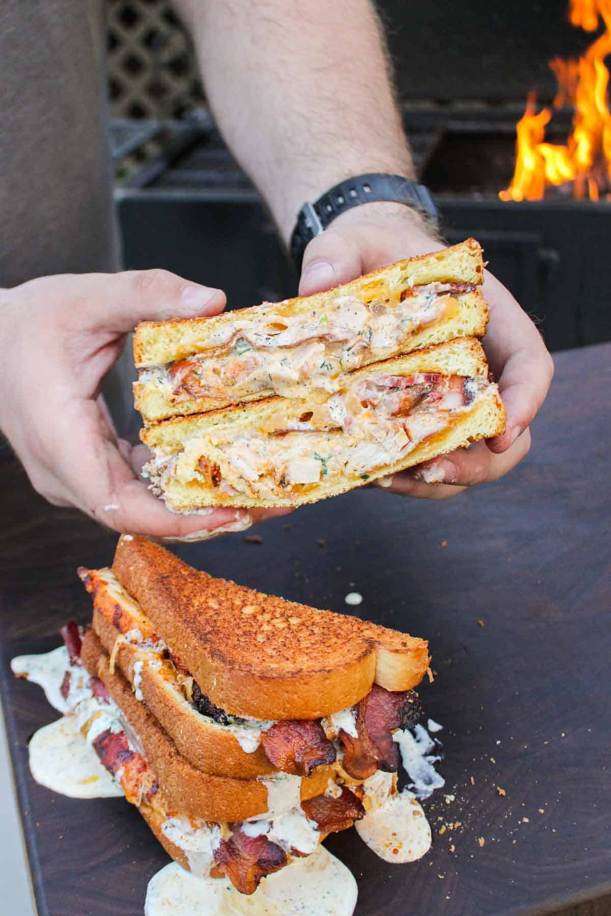 The sliced chicken bacon ranch patty melt. 