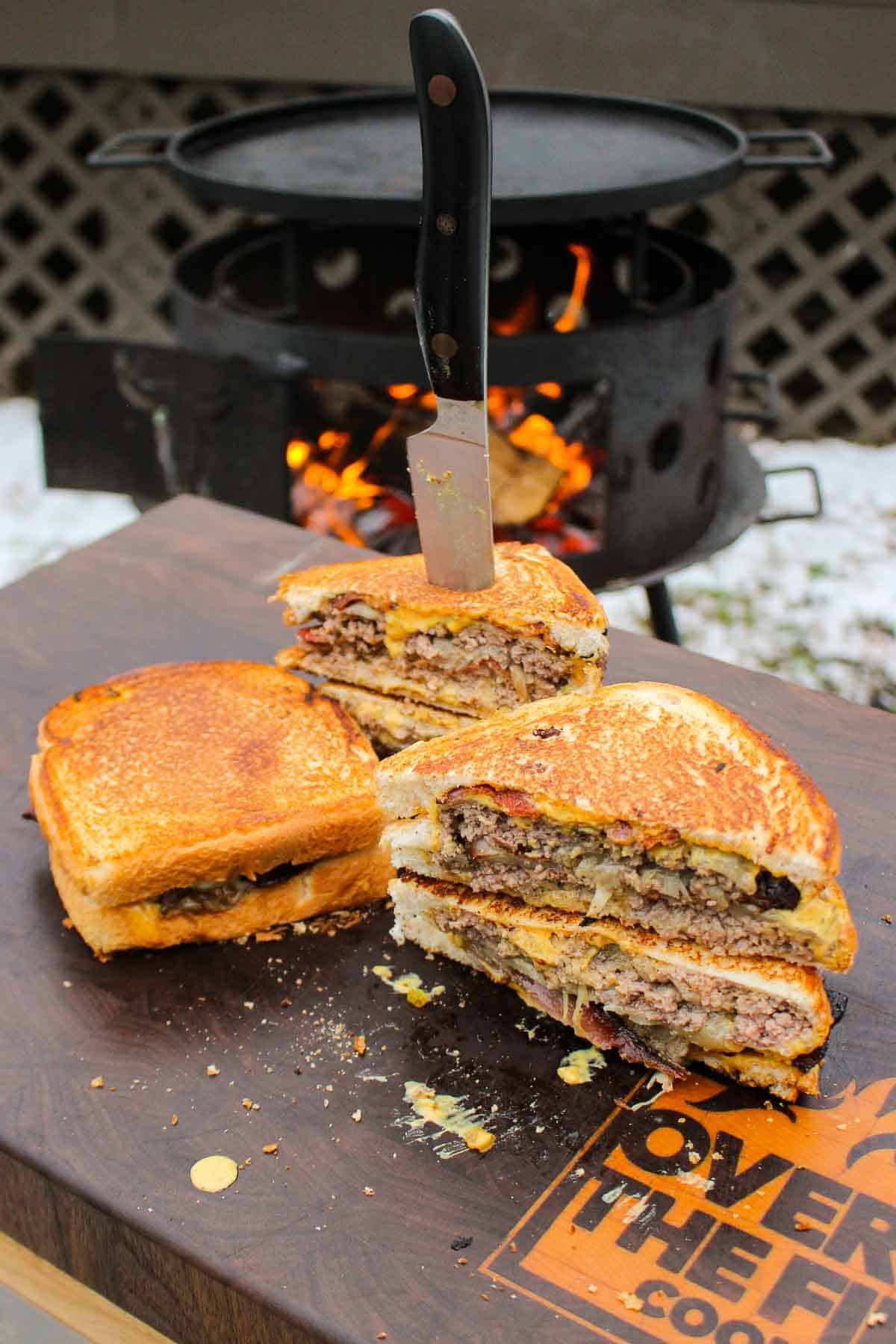 A sliced and served group of patty melts. 