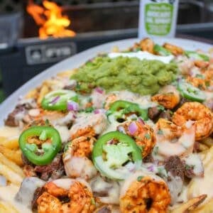 Loaded Steak Fries with Shrimp.