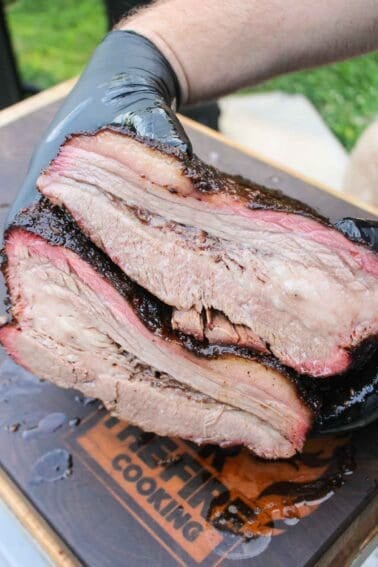 The Foil Boat Brisket is tender and juicy with a crisp bark.