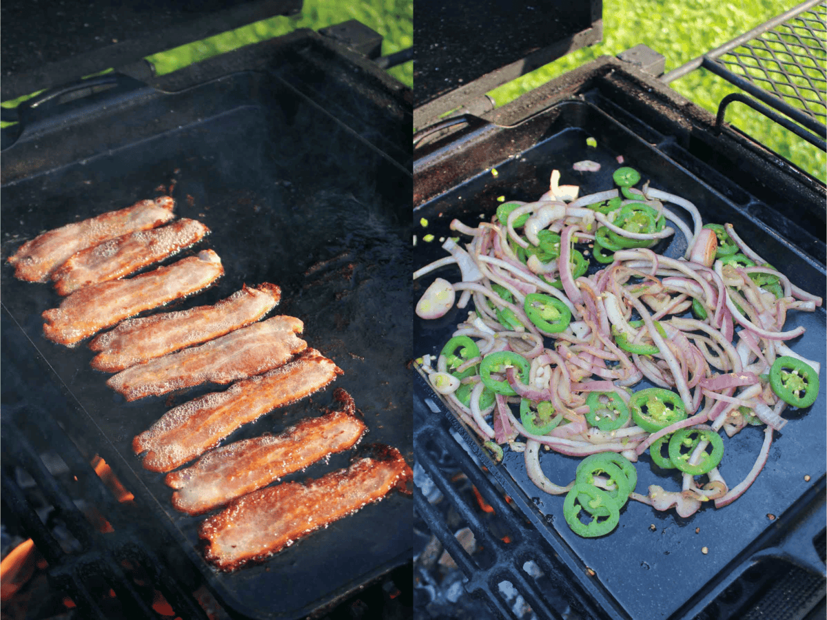 the bacon, onions, and jalapenos are cooked on the cast iron skillet. 