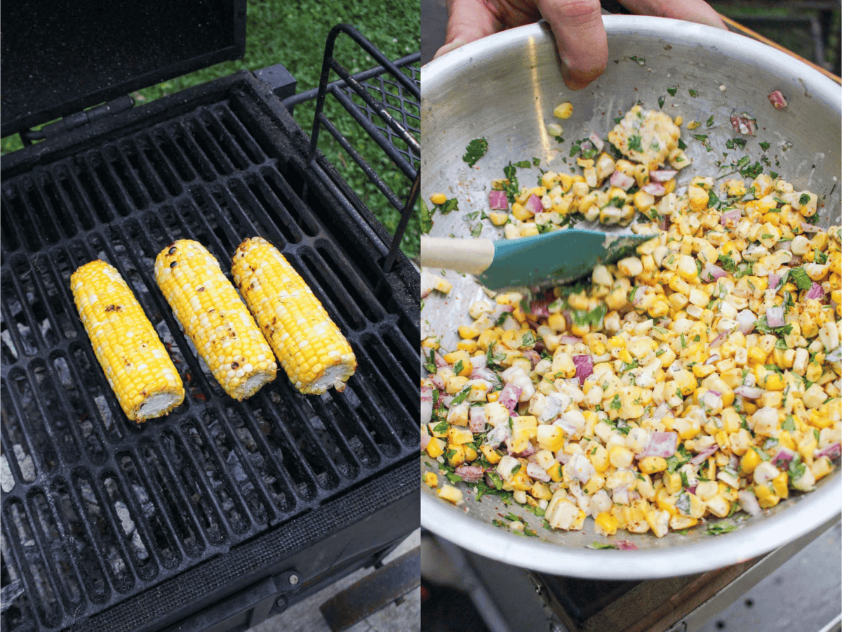 The Elote is prepared on the grill. 