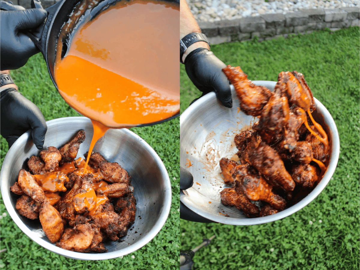 Tossing wings in Buffalo sauce.