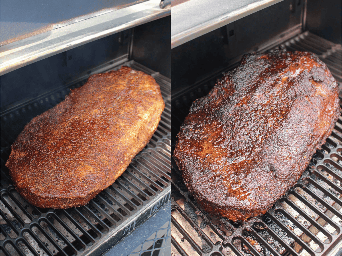 Two phases of the brisket cooking on the smoker.